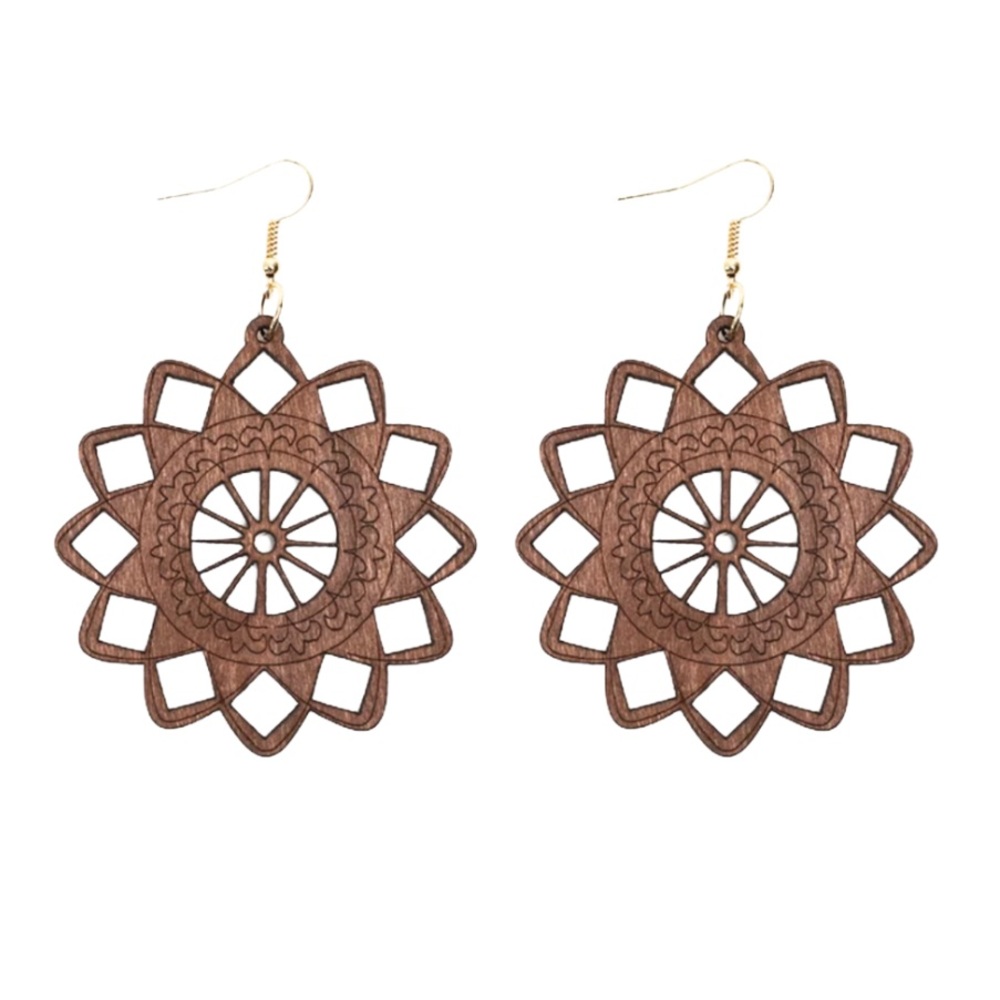 Women’s Oversized Solid Wood Floral Earrings Laser Cut Geometric Ethnic Jewelry